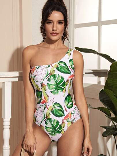 Tropical One Shoulder One Piece Swimwear