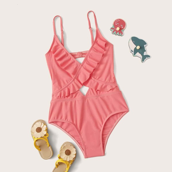 

Girls Ruffle Trim One Piece Swimwear, Pink