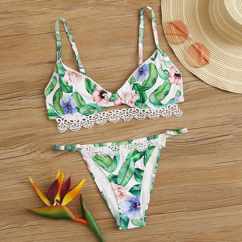 

Crochet Trim Floral & Leaf Print Bikini Set, Multicolor