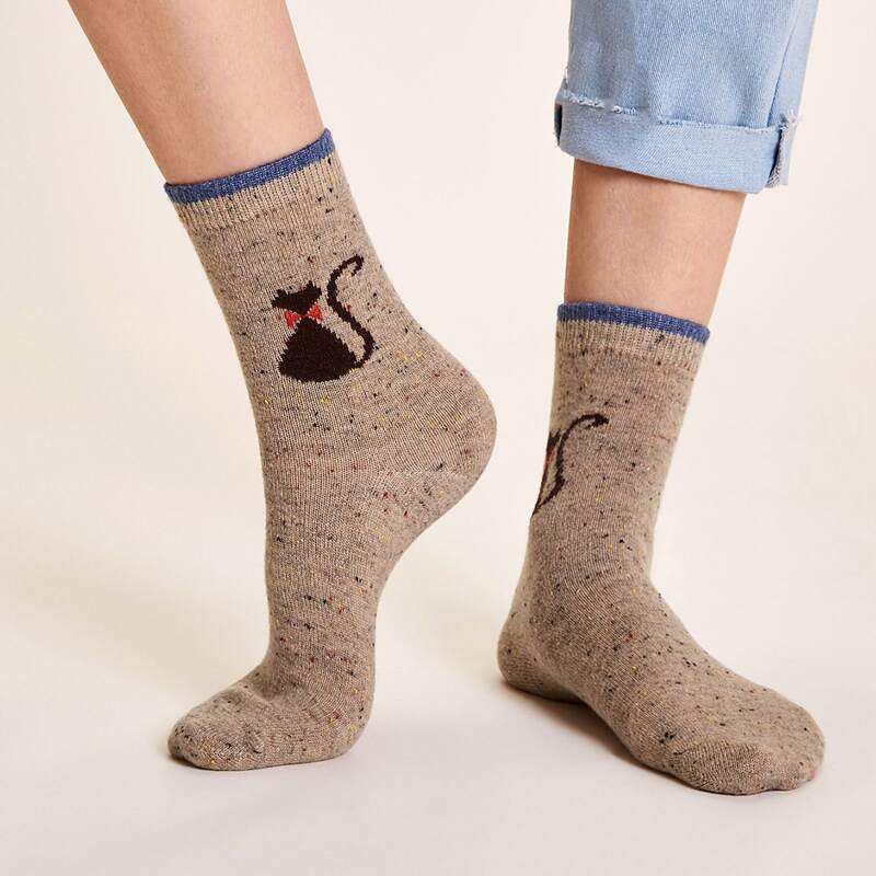 

1pair Cat Pattern Socks, Khaki