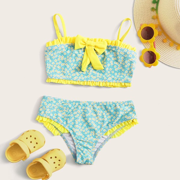 

Girls Daisy Floral Print Frill Trim Bikini Set, Multicolor