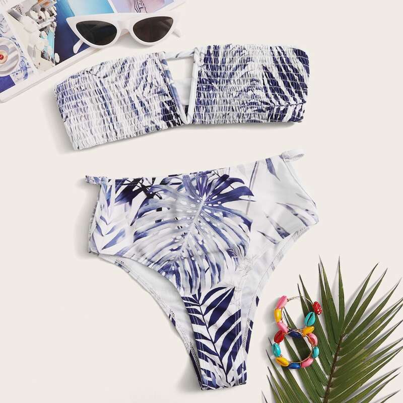 

Tropical Smocked Bandeau High Waisted Bikini Swimsuit, Multicolor