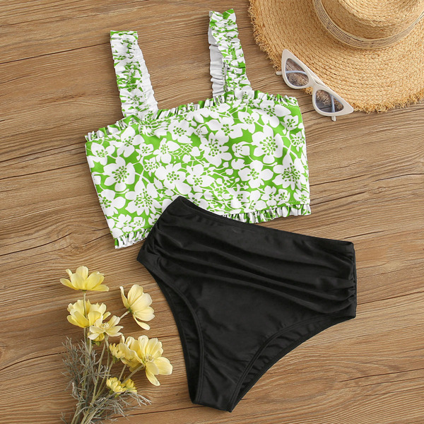 

Floral Random Print Frill Trim Bikini Set, Multicolor