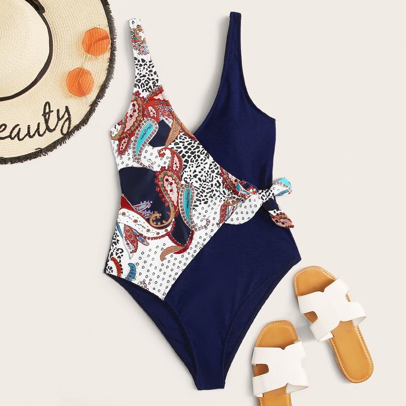 

Two Tone Paisley Print Wrap One Piece Swimwear, Multicolor