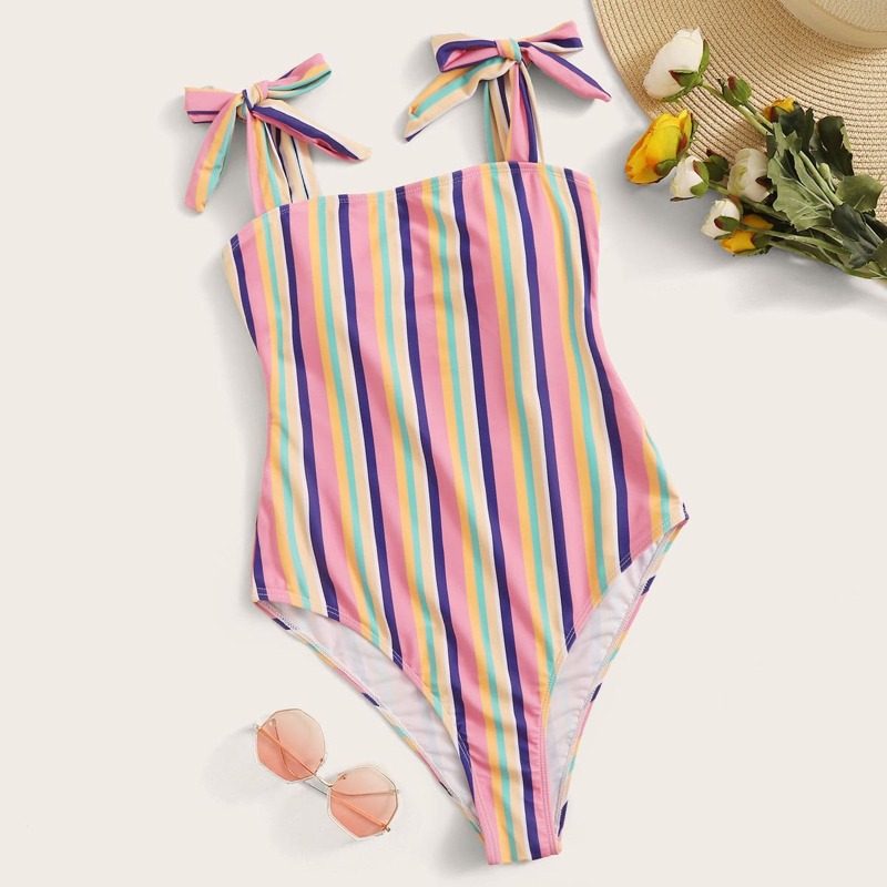 

Colorful Striped Knot Shoulder One Piece Swimwear, Multicolor