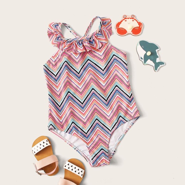 

Girls Multi-color Chevron Print One Piece Swimwear, Multicolor