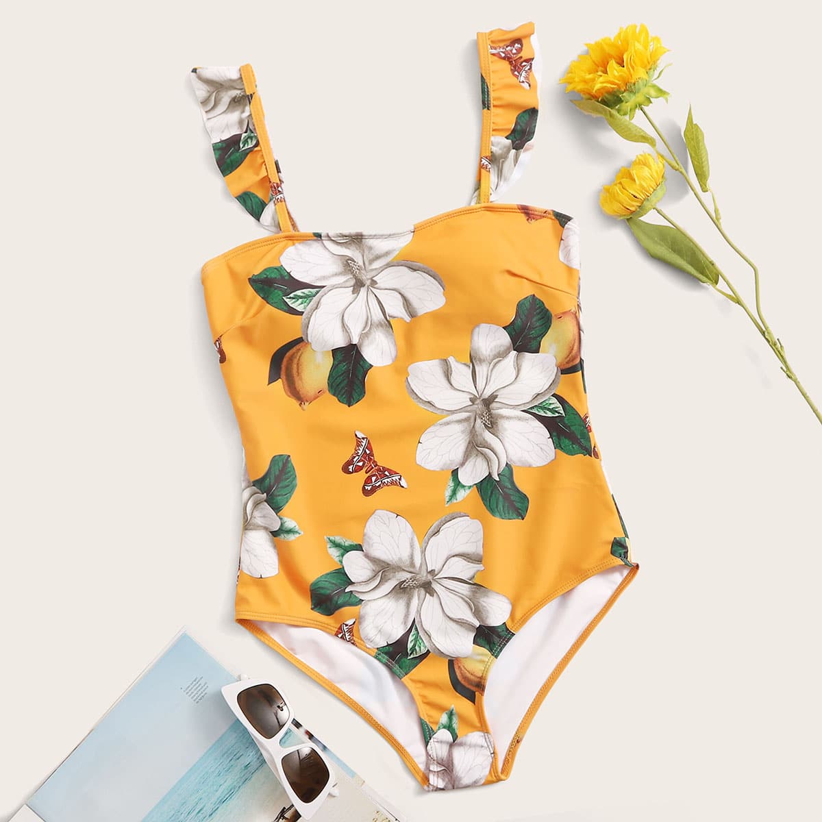 

Floral Print Ruffle Strap One Piece Swimwear, Multicolor
