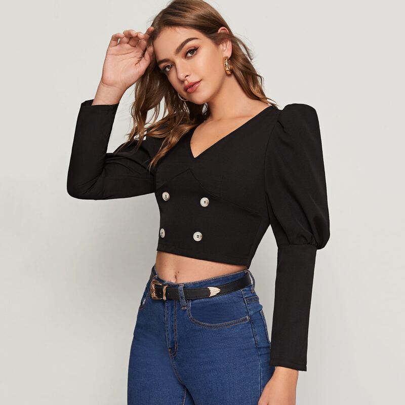 

Zip Back Double Button Gigot Sleeve Crop Top, Black