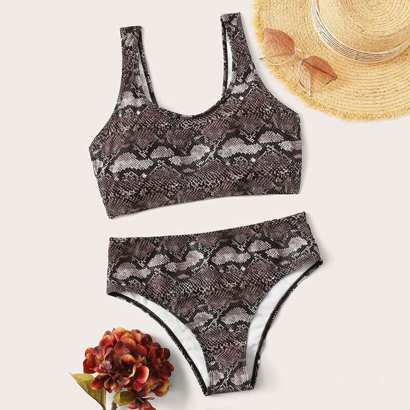 

Snakeskin Print Top With High Waist Bikini Set, Multicolor