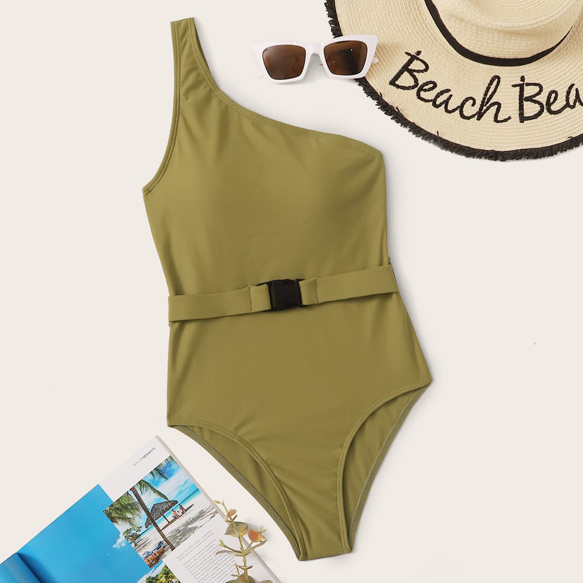 

Release Buckle One Shoulder One Piece Swimwear, Army green