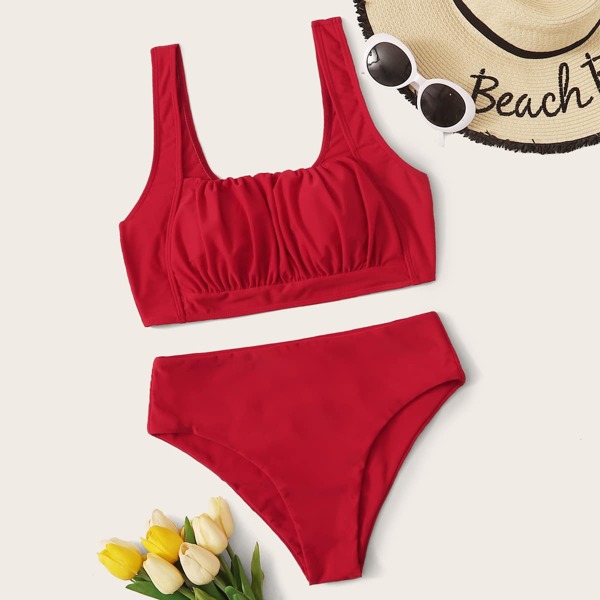 

Ruched Top With High Waist Bikini, Red