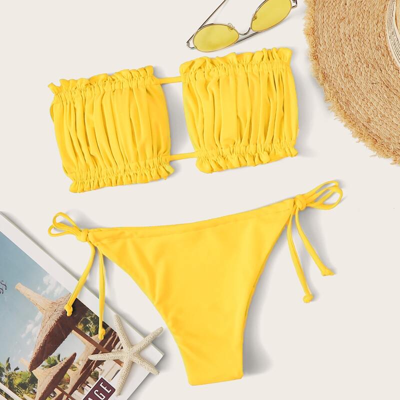

Tie Side Ruched Bandeau Bikini Swimsuit, Yellow