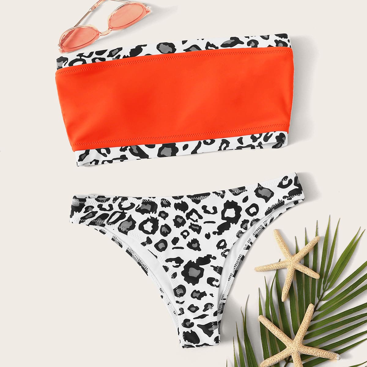 

Neon Orange Leopard Bandeau Bikini Swimsuit, Multicolor