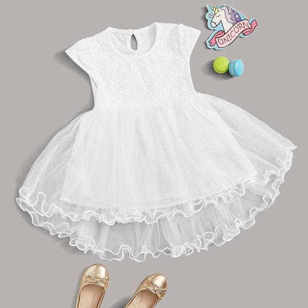

Toddler Girls Lettuce Trim Embroidery High Low Tutu Dress, White