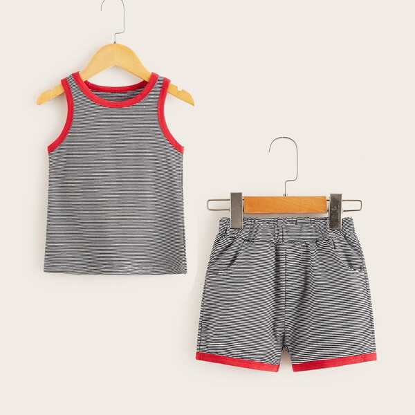 

Toddler Girls Contrast Binding Striped Tank Top With Shorts, Black and white