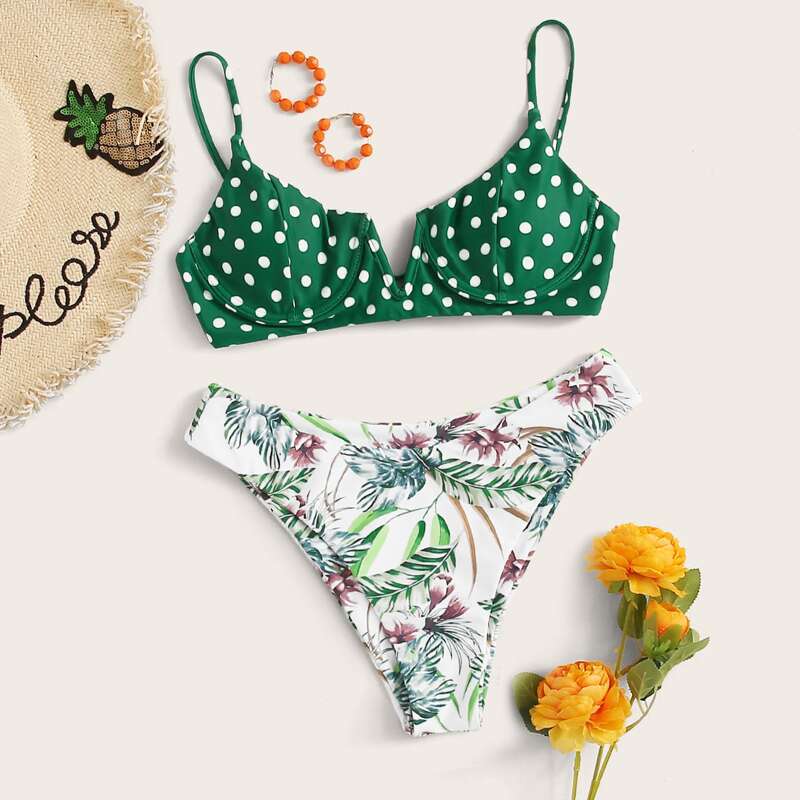 

Polka Dot Top With Tropical Print Bikini Set, Multicolor