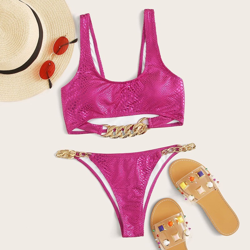

Crocodile Chain Linked Thong Bikini Swimsuit, Hot pink bright