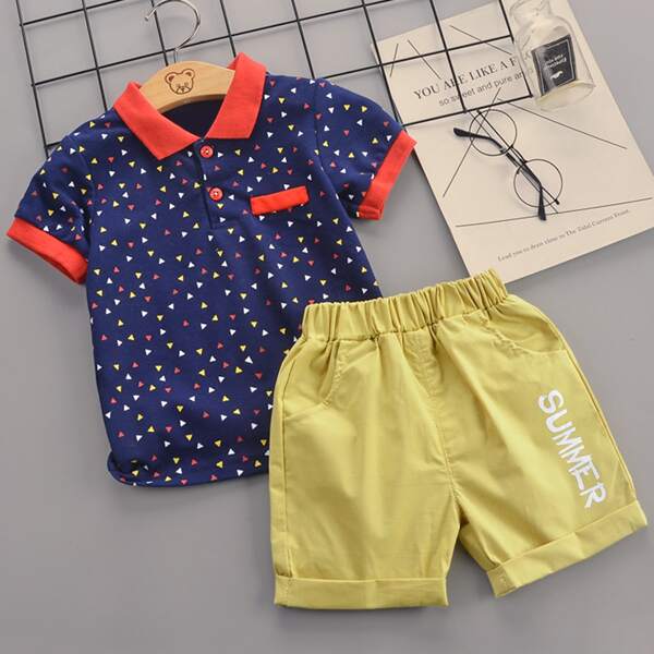 

Toddler Boys Contrast Binding Geo Print Polo Shirt & Shorts, Multicolor