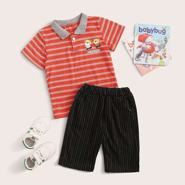 

Toddler Boys Cartoon And Striped Polo Shirt & Shorts, Multicolor