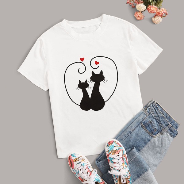 

Cartoon Graphic Round Neck Tee, White