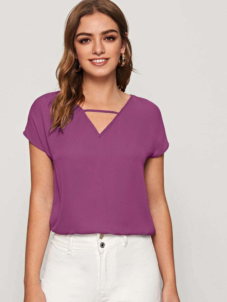 SHEIN LUNE V-cut Front Batwing Sleeve Top - Purple - View 1