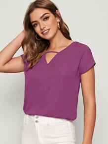 SHEIN LUNE V-cut Front Batwing Sleeve Top - Purple - View 3