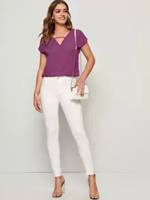 SHEIN LUNE V-cut Front Batwing Sleeve Top - Purple - View 4