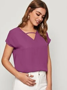 SHEIN LUNE V-cut Front Batwing Sleeve Top - Purple - View 5