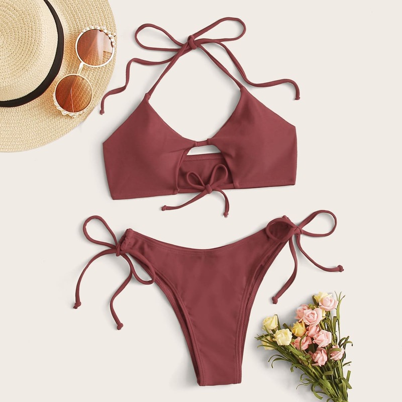 

Halter Top With Tie Side Bikini Set, Red