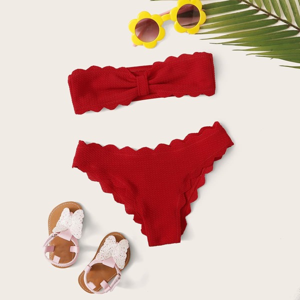 

Toddler Girls Textured Scallop Trim Bandeau Bikini Set, Red