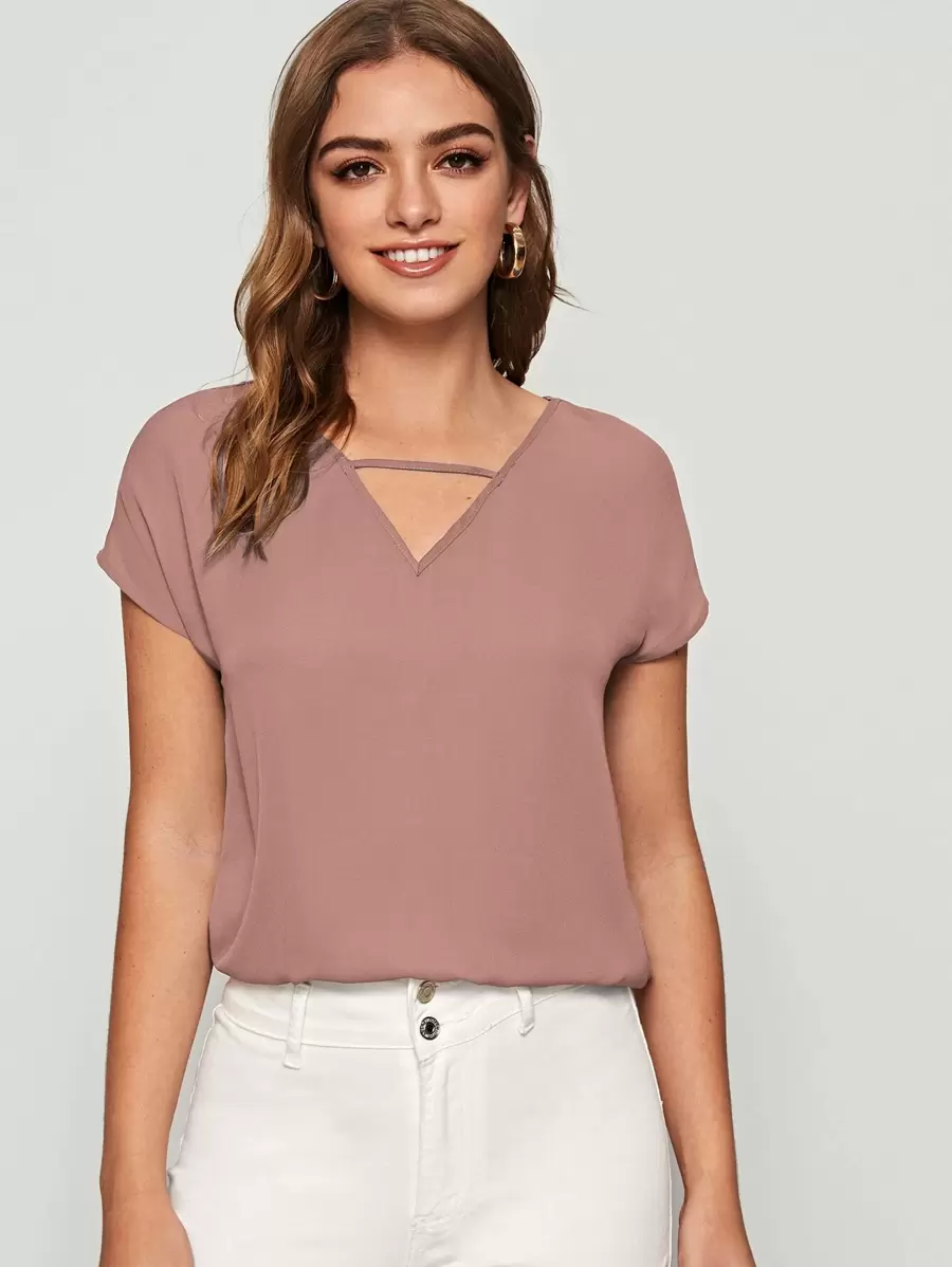 SHEIN LUNE V-cut Neck Batwing Sleeve Top - Dusty Pink - View 1