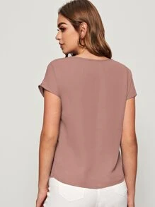 SHEIN LUNE V-cut Neck Batwing Sleeve Top - Dusty Pink - View 2