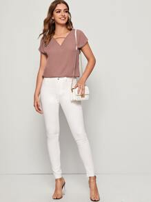 SHEIN LUNE V-cut Neck Batwing Sleeve Top - Dusty Pink - View 3