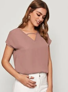 SHEIN LUNE V-cut Neck Batwing Sleeve Top - Dusty Pink - View 5