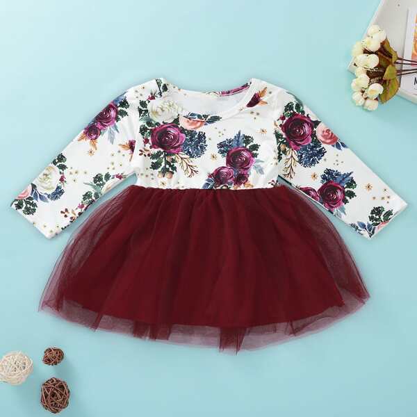 

Toddler Girls Floral Print Mesh Panel A-line Dress, Multicolor