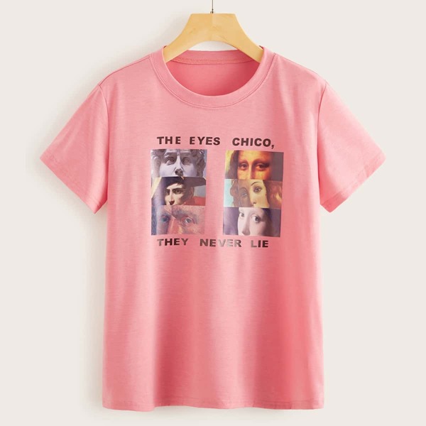 

Figure And Slogan Graphic Tee, Pink