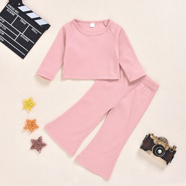 

Toddler Girls Solid Ribbed Tee & Flared Leg Pants, Pink