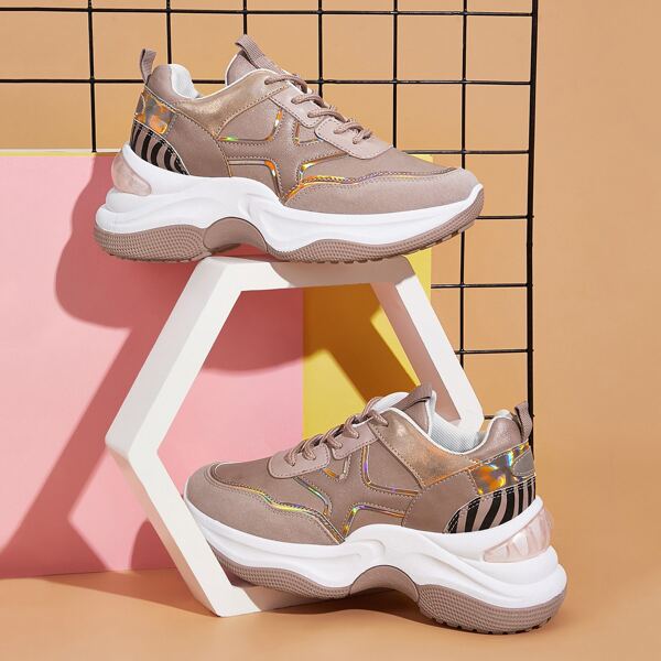 

Holographic Detail Lace-up Front Chunky Sneakers, Pink