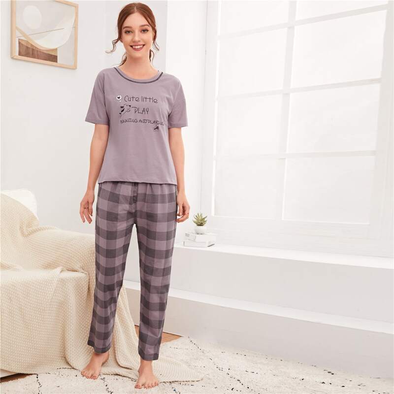 

Letter Graphic Tee & Plaid Pants PJ Set, Dusty purple