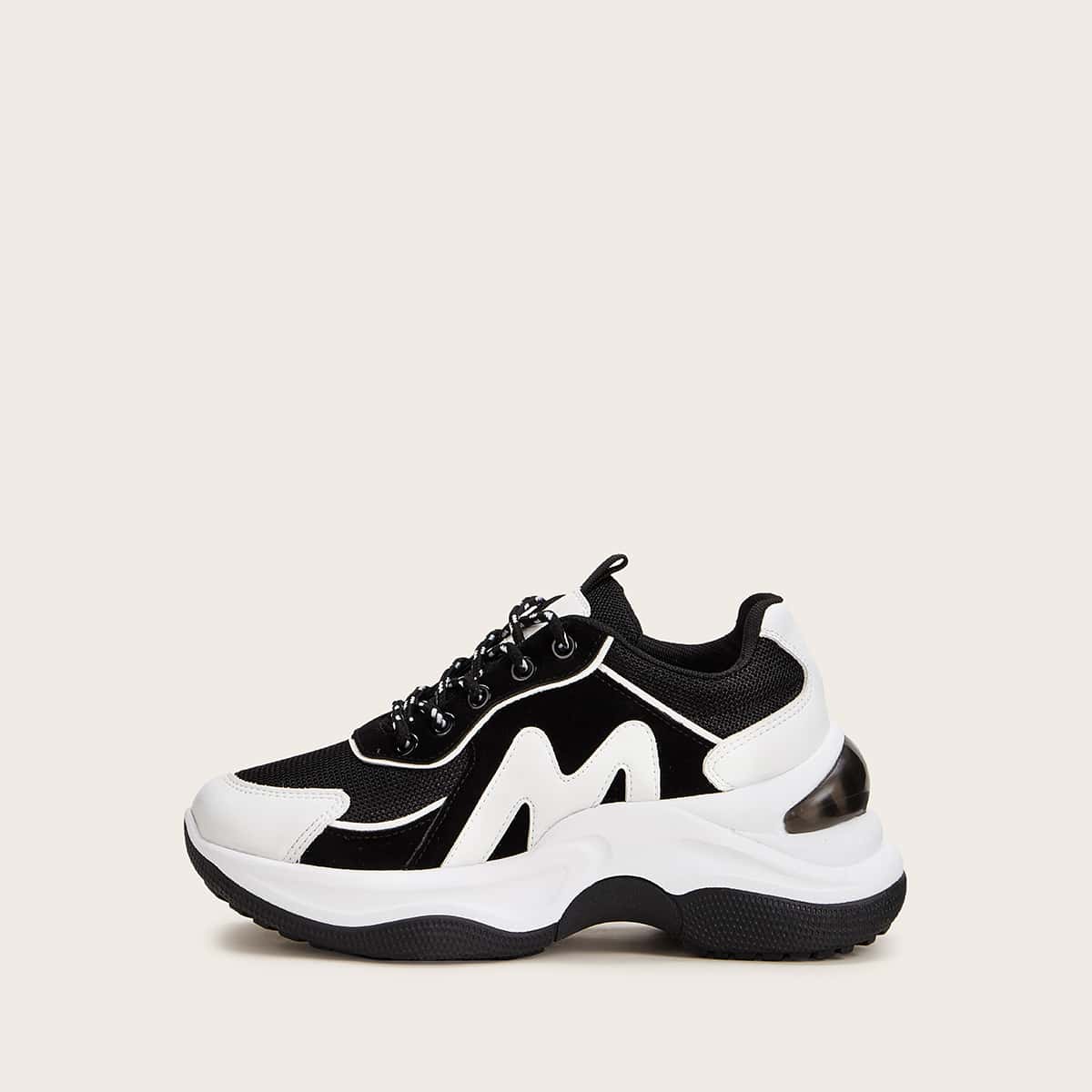 

Two Tone Lace-up Front Chunky Sneakers, Black and white