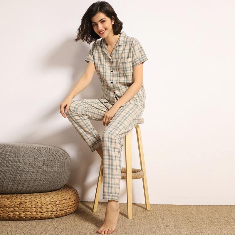 

Plaid Pocket Front Shirt & Pants PJ Set, Multicolor