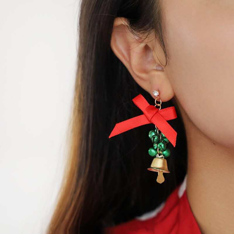 

1pair Christmas Bow Knot Bell Drop Earrings, Multicolor