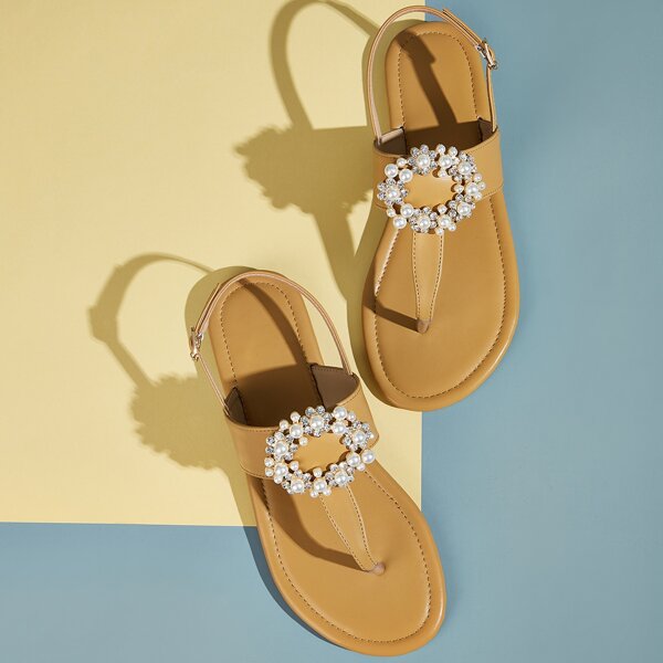 

Toe Post Faux Pearl Decor Sandals, Brown