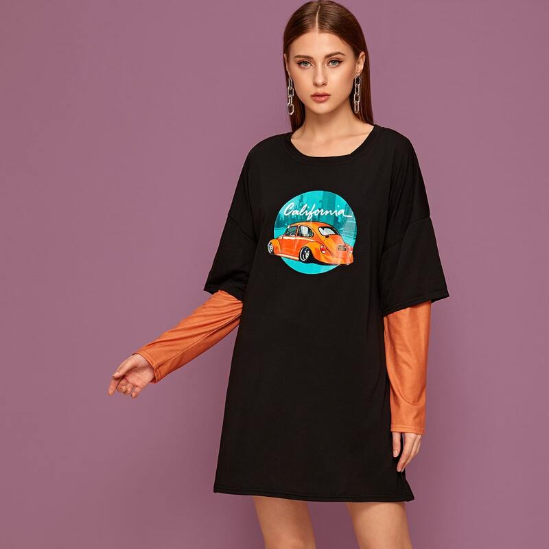 

Car Graphic Contrast Sleeve Tee Dress, Black