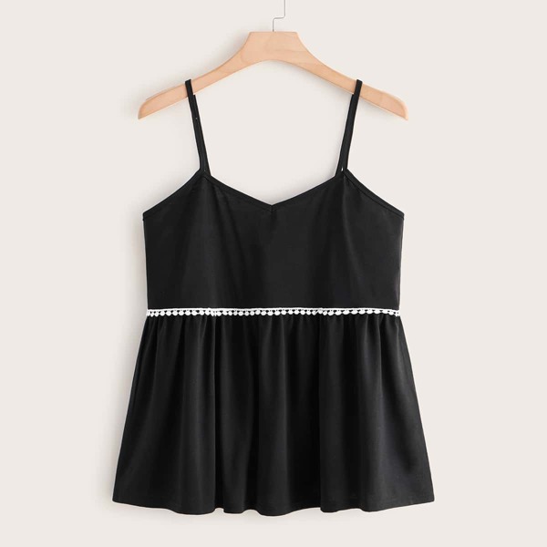 

Plus Contrast Lace Ruffle Hem Cami Top, Black