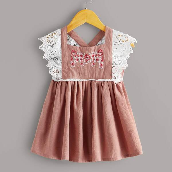 

Toddler Girls Lace Panel Floral Embroidery Overall Dress, Pink