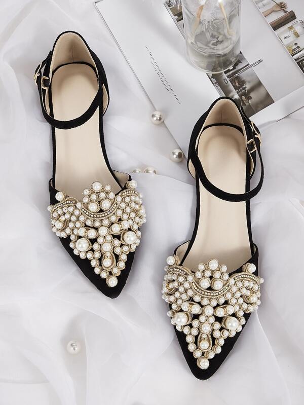pointed toe faux pearl decor flats