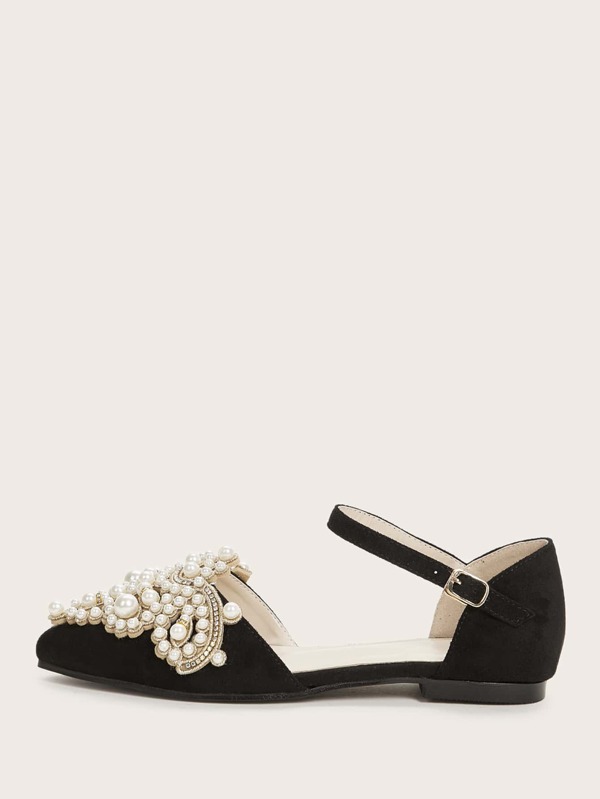 pointed toe faux pearl decor flats