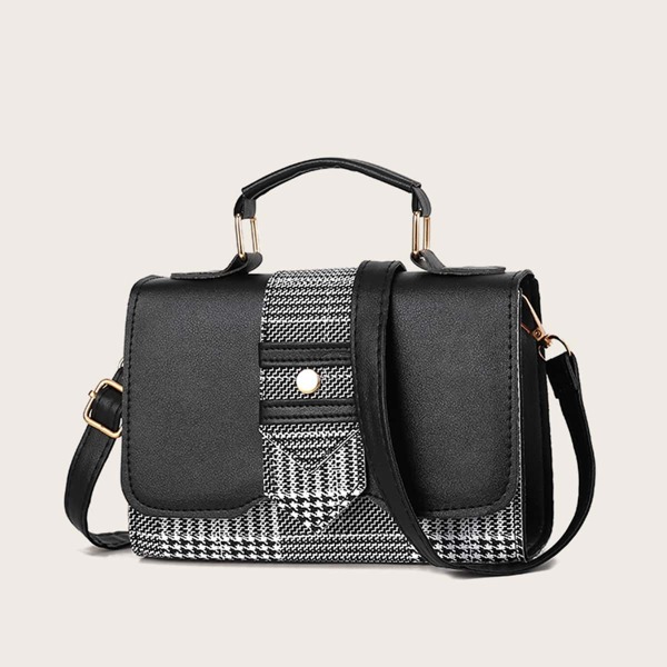

Houndstooth Panel Flap Satchel Bag, Black and white