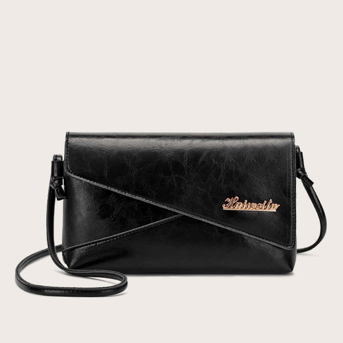 

Metal Letter Decor Flap Crossbody Bag, Black